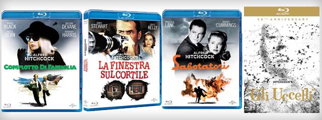 Alfred Hitchcock Blu-ray Gli Uccelli 50th Anniversary, La Finestra sul Cortile, e Complotto di Famiglia, Sabotatori