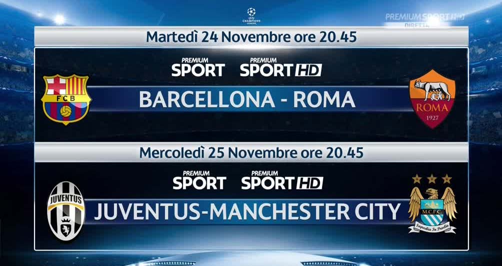 Champions League 24-25 Novembre 2015 su Mediaset Premium