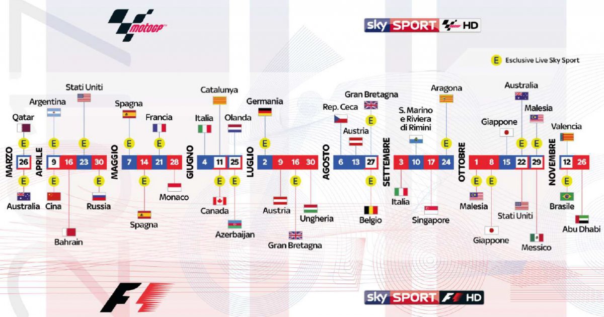 I 38 GP in diretta su Sky Sport F1 HD e Sky Sport MotoGP HD con 21 esclusive live