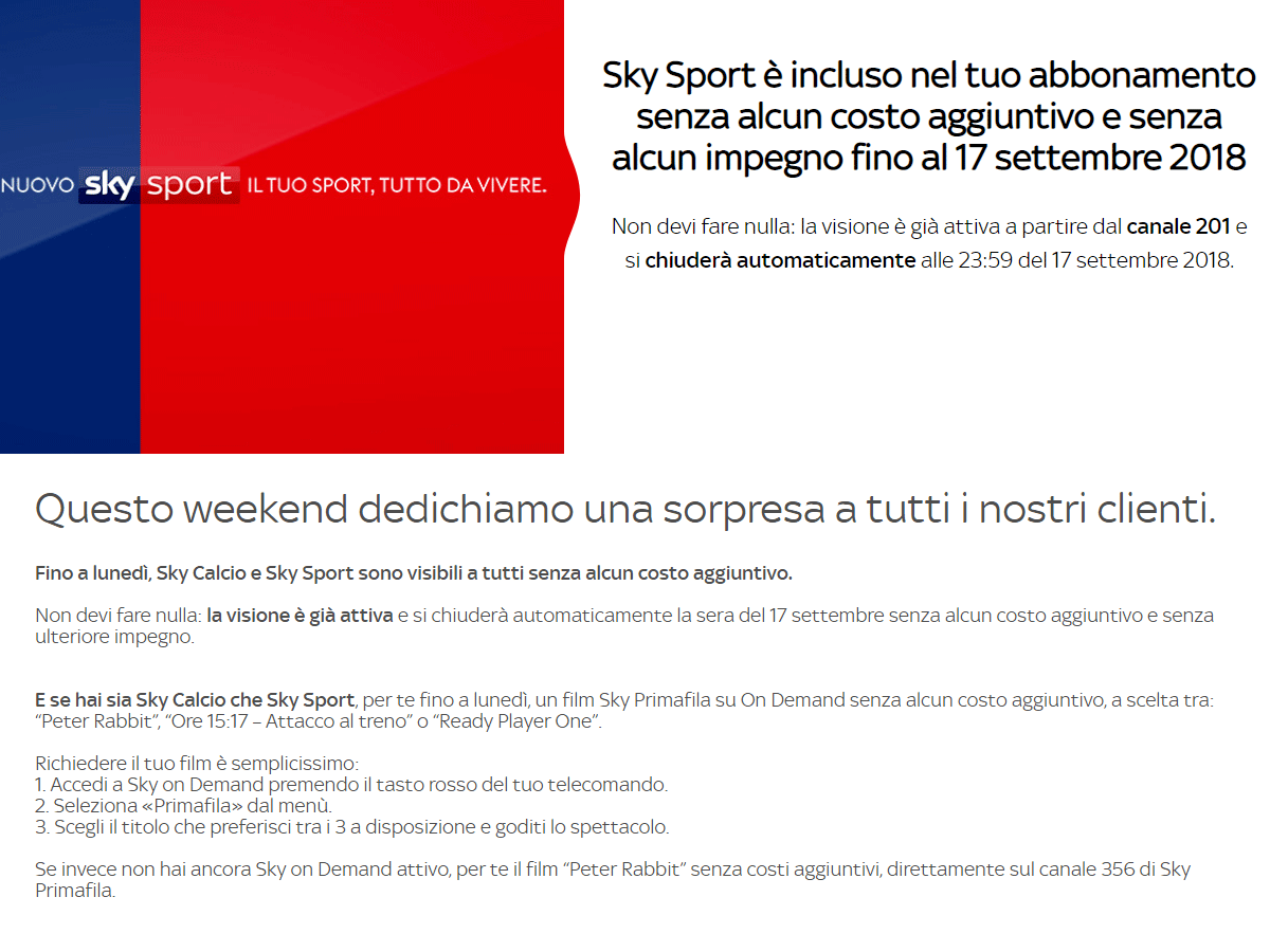 Sky ha un regalo per tutti gli abbonati via satellite o fibra tra il 14 e 17 settembre 2018