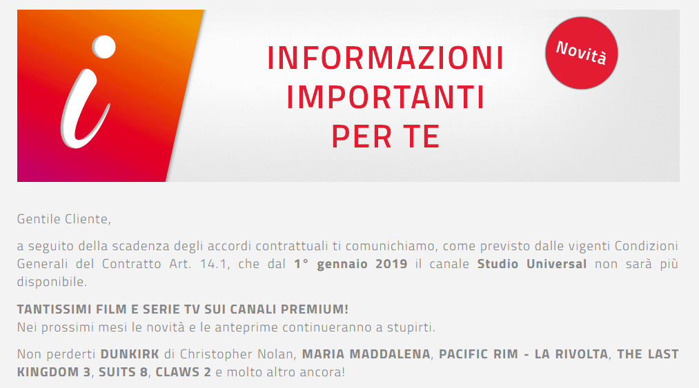 Studio Universal termina le trasmissioni il 31 dicembre 2018