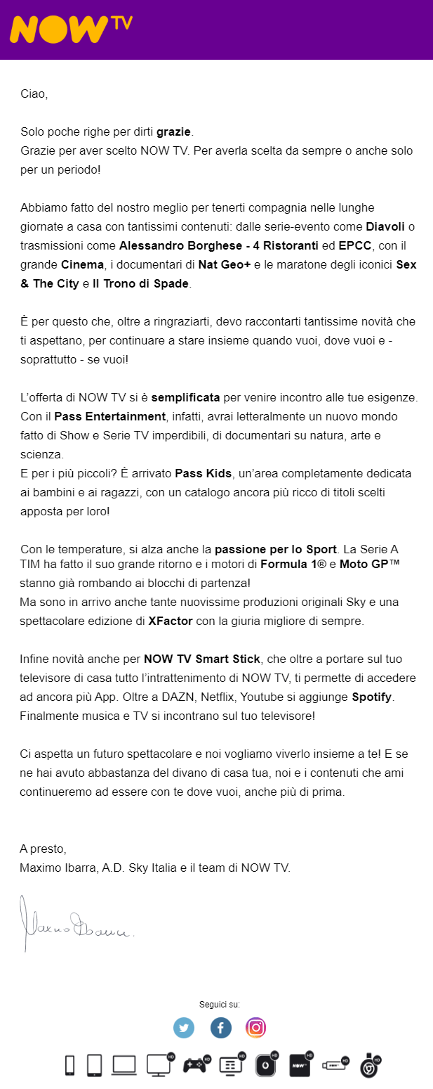 La lettera originale 'Al tuo fianco, verso un futuro spettacolare' inviata ai clienti di NOW TV