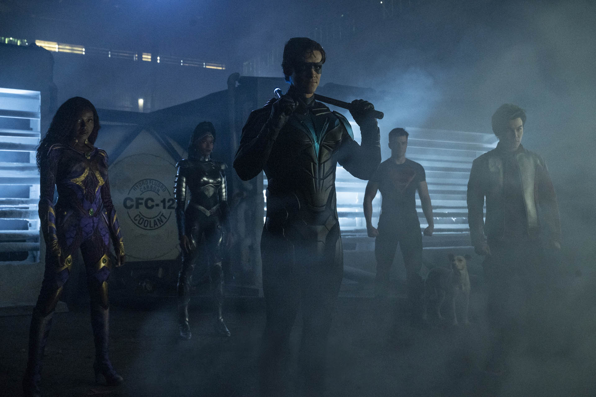 Anna Diop, Damaris Lewis, Brenton Thwaites, Joshua Orpin, Ryan Potter in Titans 3x07 [credit: Ben Mark Holzberg/HBO Max; courtesy of WarnerMedia]