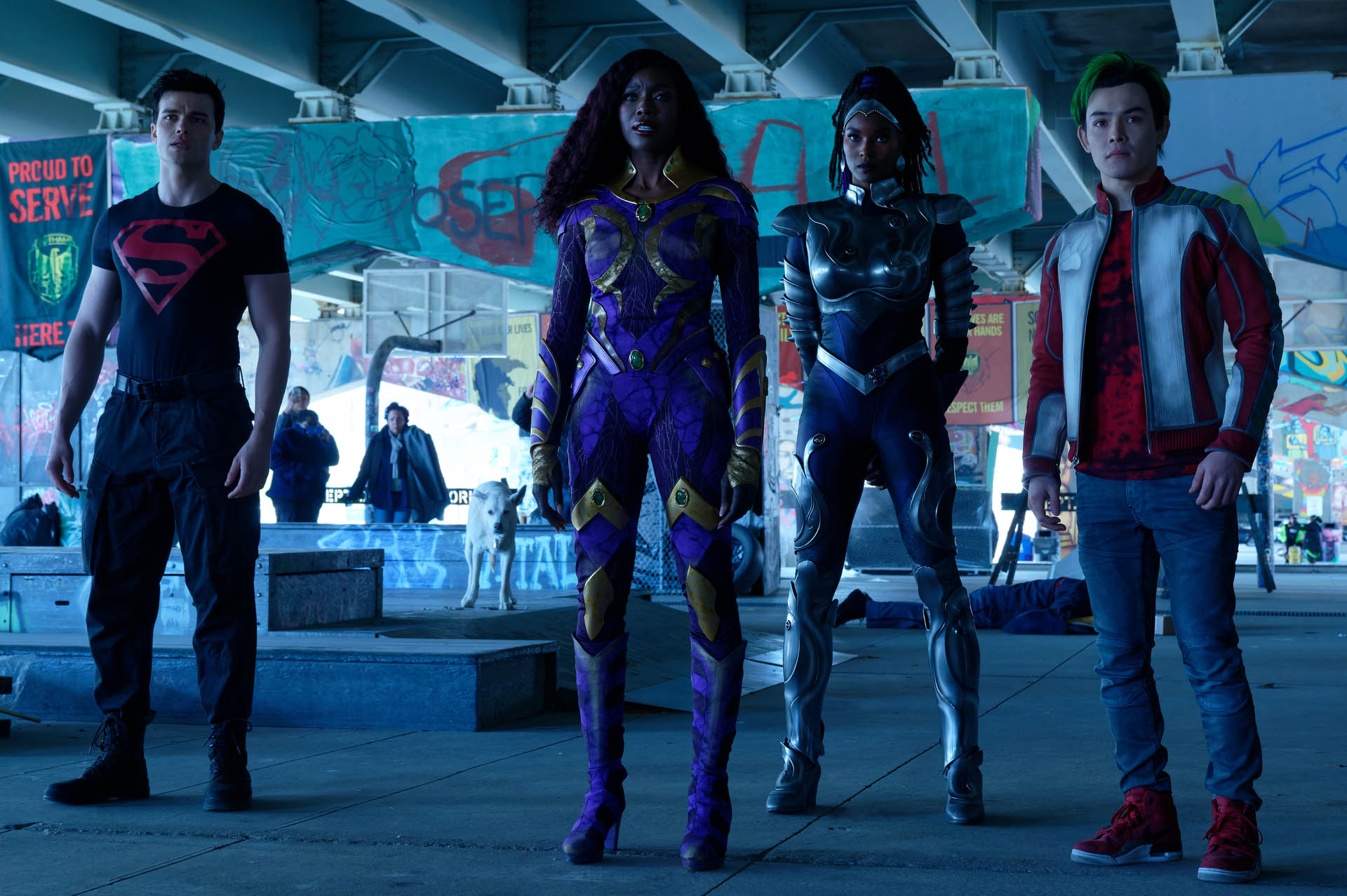 Joshua Orpin, Anna Diop, Damaris Lewis, Ryan Potter in Titans 3x10 [credit: Ben Mark Holzberg / HBO Max; courtesy of WarnerMedia]