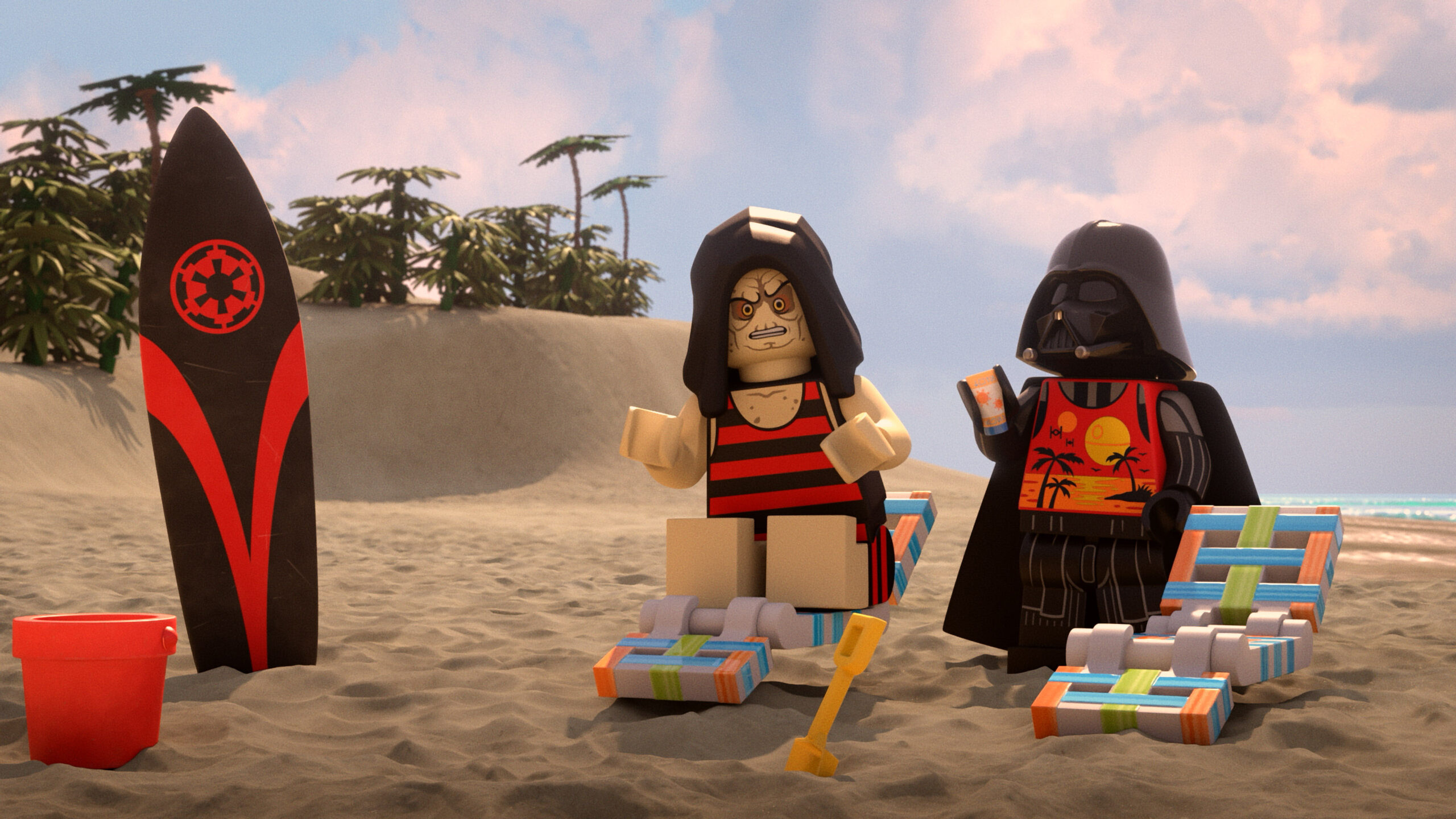 Darth Vader enjoying a Scarif beach party in LEGO STAR WARS SUMMER VACATION [credit: Lucasfilm Ltd.; Copyright 2022 Lucasfilm Ltd. and TM. All Rights Reserved; courtesy of Disney Italia]