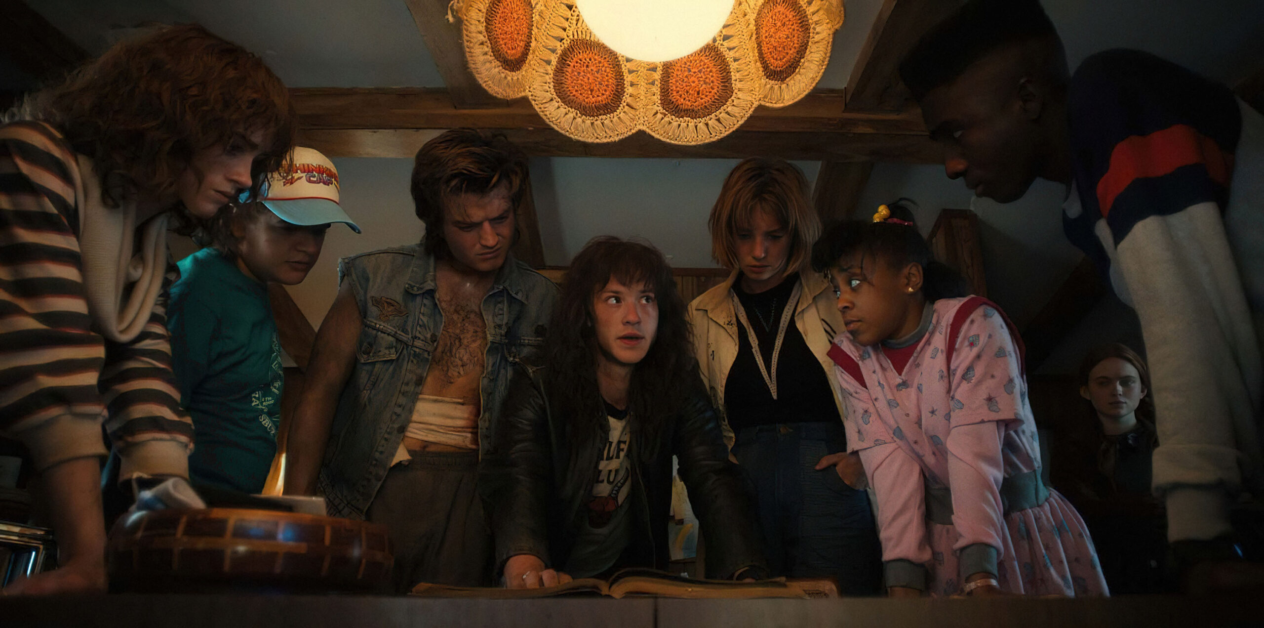 (S-D) Natalia Dyer come Nancy Wheeler, Gaten Matarazzo come Dustin Henderson, Joe Keery come Steve Harrington, Joseph Quinn come Eddie Munson, Maya Hawke come Robin Buckley, Priah Ferguson come Erica Sinclair, Sadie Sink come Max Mayfield, e Caleb McLaughlin come Lucas Sinclair in Stranger Things 4x08 [credit: Copyright 2022 Netflix, Inc; courtesy of Netflix]