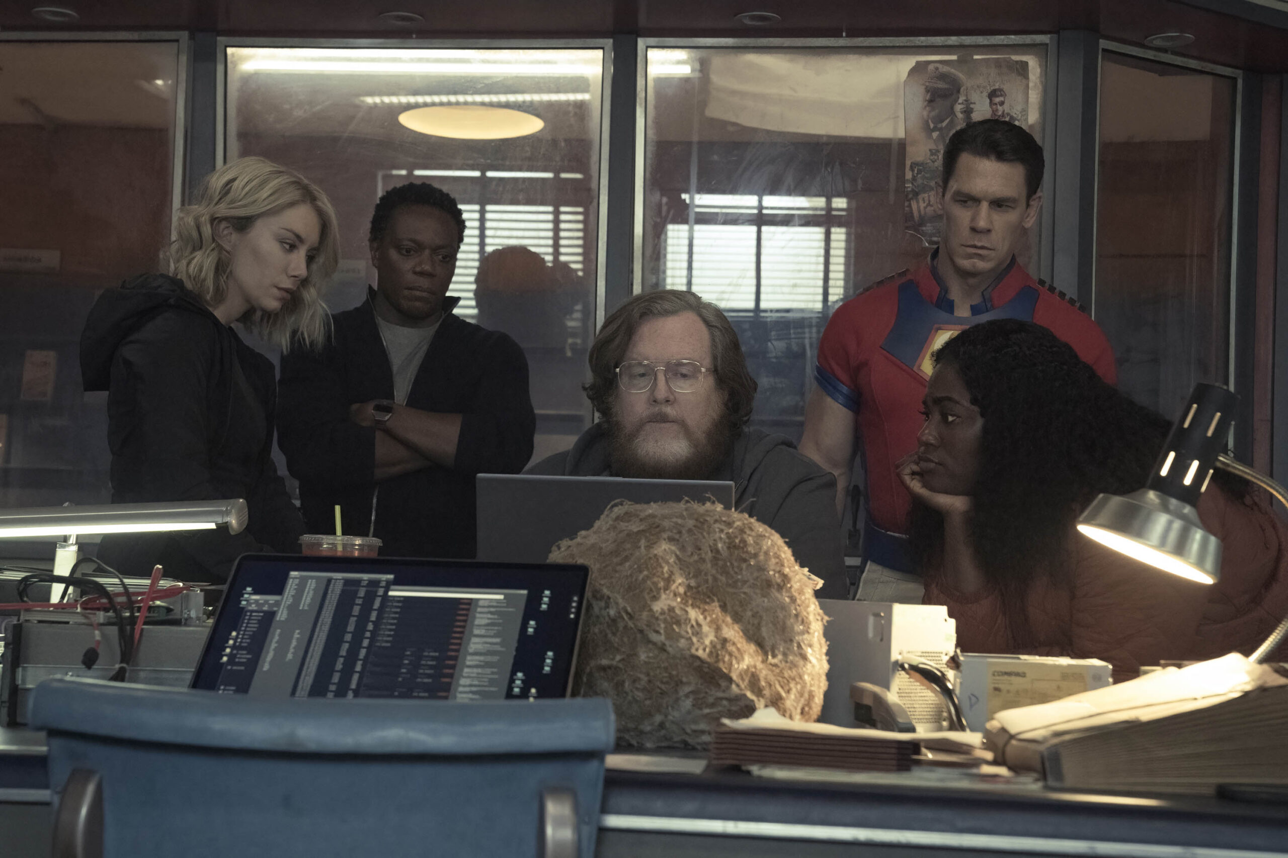 Jennifer Holland, Chukwudi Iwuji, Steve Agee, John Cena, Danielle Brooks in Peacemaker 1x06 [credit: Katie Yu/ HBO Max; courtesy of WarnerMedia]