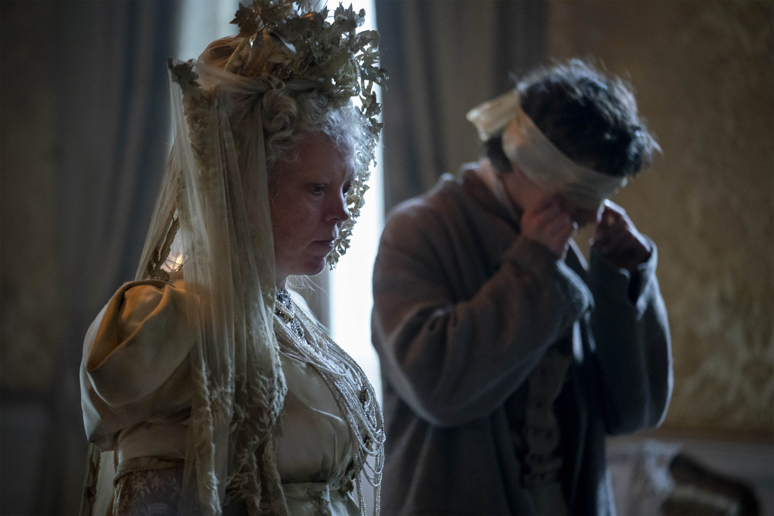 Olivia Colman come Miss Havisham, Tom Sweet come Young Pip in Great Expectations 1x02 [credit: Miya Mizuno/FX; Copyright 2023, FX Networks. All Rights Reserved; courtesy of Disney]