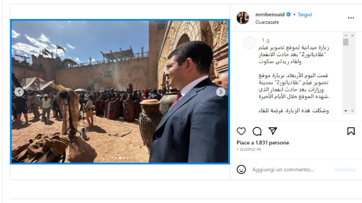 Il post su Instagram del Ministero della Cultura del Marocco in visita sul set che svela dettagli su Il Gladiatore 2