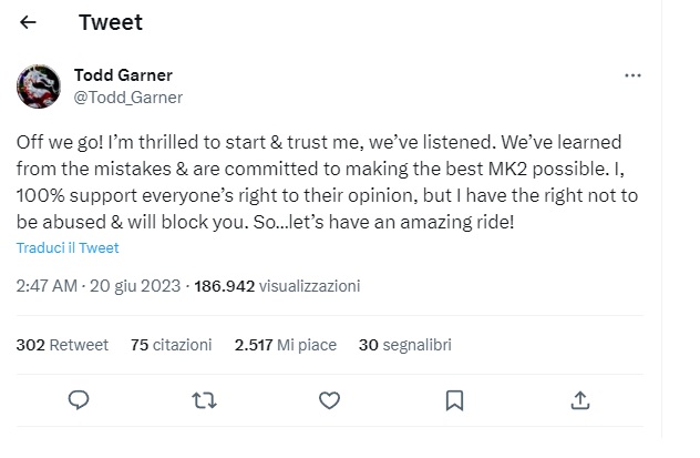 Il tweet sull'account ufficiale del produttore di Mortal Kombat