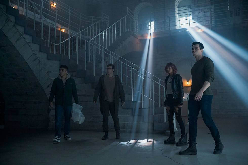 Jay Lycurgo, Joseph Morgan, Lisa Ambalavanar, Joshua Orpin in Titans 4x04 [tag: Jay Lycurgo, Joseph Morgan, Lisa Ambalavanar, Joshua Orpin] [credit: Steve Wilkie/HBO Max; courtesy of Warner Bros. Discovery]