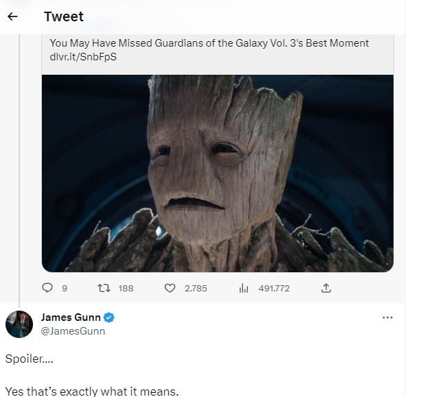 Il tweet con cui James Gunn conferma la teoria sul linguaggio di Groot