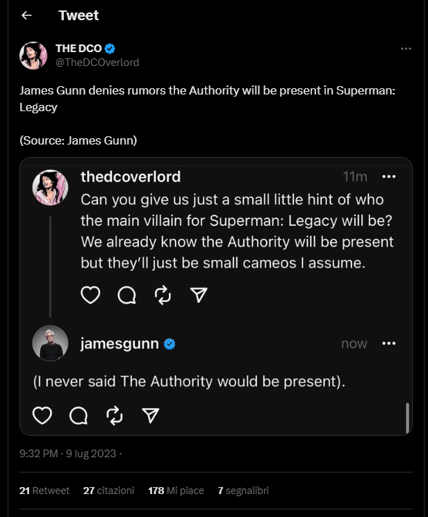 Superman Legacy, il tweet di James Gunn in cui dice di non aver mai confermato la presenza del team The Authority