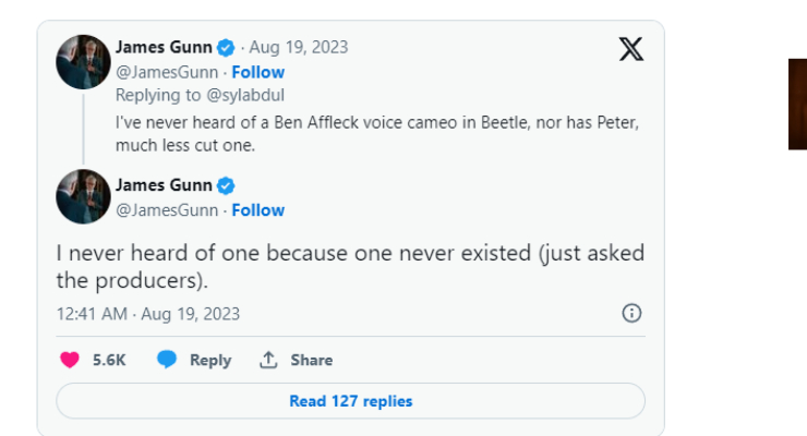 Il tweet di James Gunn sul presunto cameo di Ben Affleck in Blue Beetle