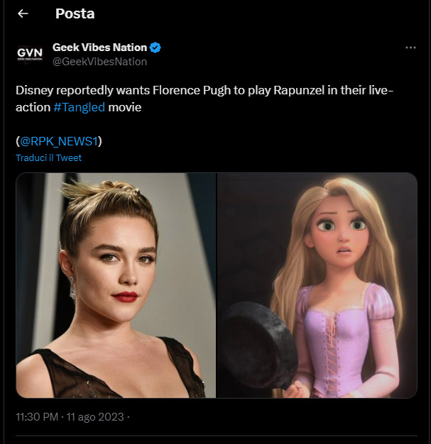 Florence Pugh rumor su Rapunzel [credit: X: GeekVibesNation]