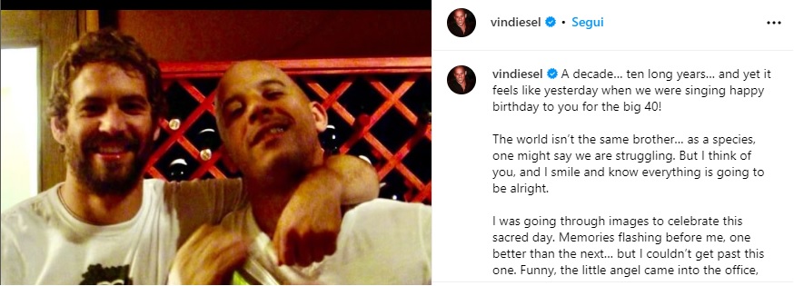 Il ricordo di Vin Diesel di Paul Walker