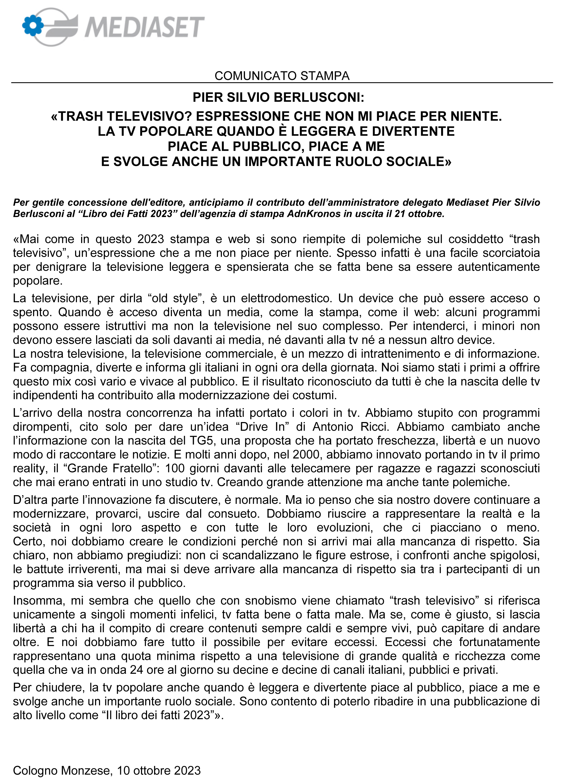 Comunicato Stampa Pier Silvio Berlusconi 10 Ottobre 2023