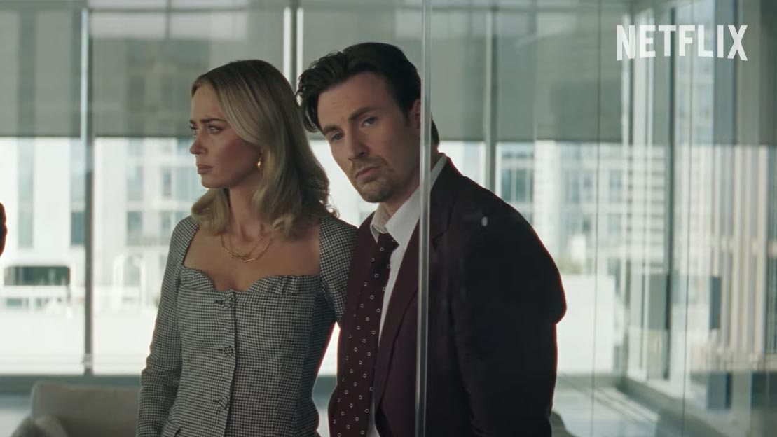 Pain Hustlers - Il business del dolore con Emily Blunt e Chris Evans, scena da trailer