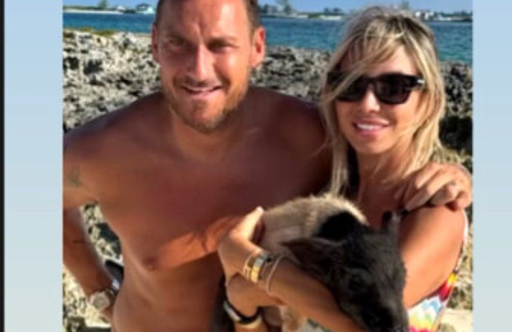 Francesco Totti e Noemi Bocchi con un maialino sulla spiaggia (MovieTele.it - Fonte - Instagram Stories Francesco Totti)